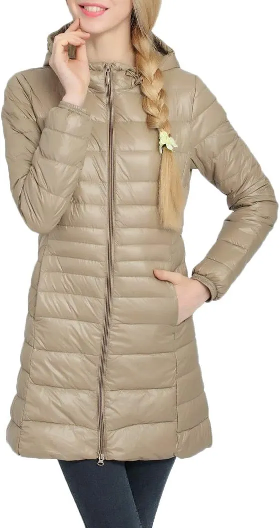 Women's Hooded Ultra Light Weight Coat Packable Outwear Long Puffer Down Jacket