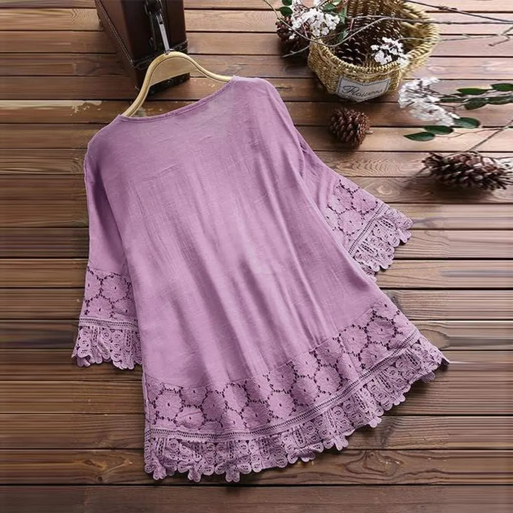 Women's Linen Loose Fit Tshirt Tops Vintage Lace Tie V-Neck Embroidered Tunics Comfy Relaxed Ladies 3/4 Sleeve Blouse