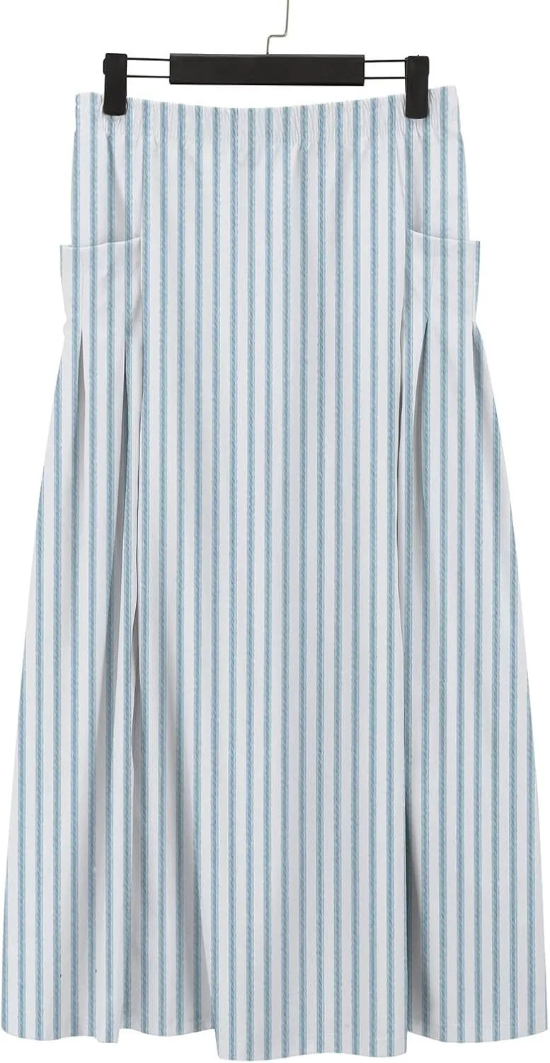 Women’s Linen Skirts Summer Boho Swing A-Line Maxi Skirt Fashion Elastic Waist Pleated Long Beach Dress with Pockets