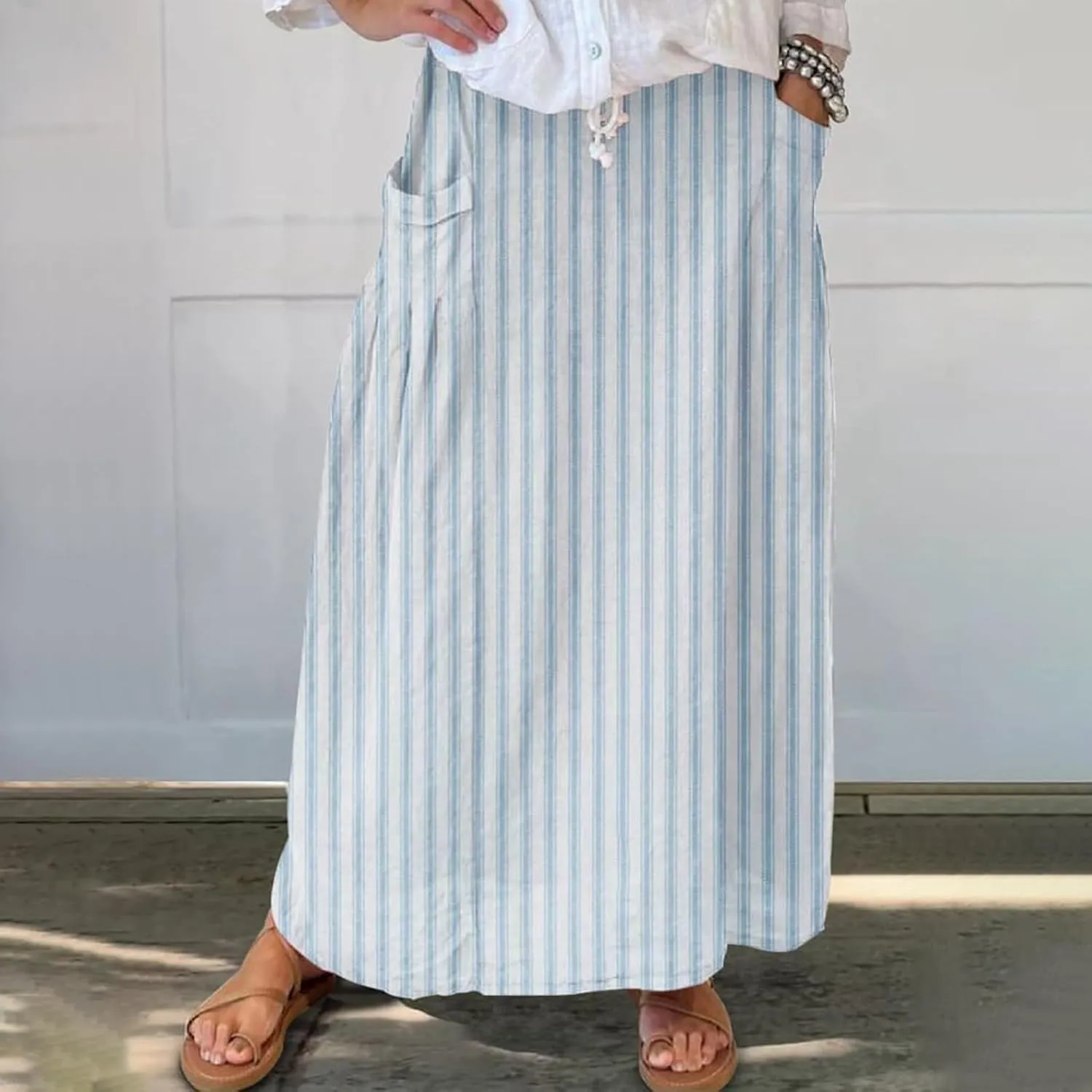 Women’s Linen Skirts Summer Boho Swing A-Line Maxi Skirt Fashion Elastic Waist Pleated Long Beach Dress with Pockets