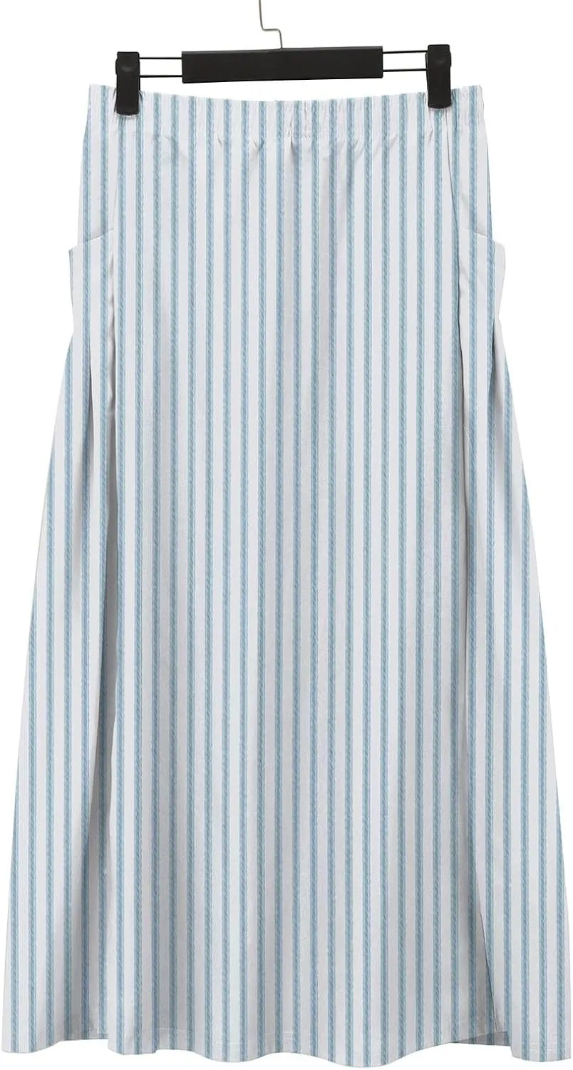 Women’s Linen Skirts Summer Boho Swing A-Line Maxi Skirt Fashion Elastic Waist Pleated Long Beach Dress with Pockets
