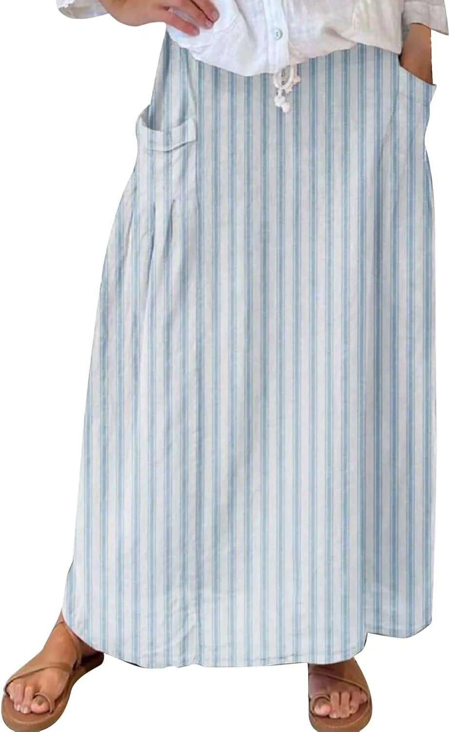 Women’s Linen Skirts Summer Boho Swing A-Line Maxi Skirt Fashion Elastic Waist Pleated Long Beach Dress with Pockets