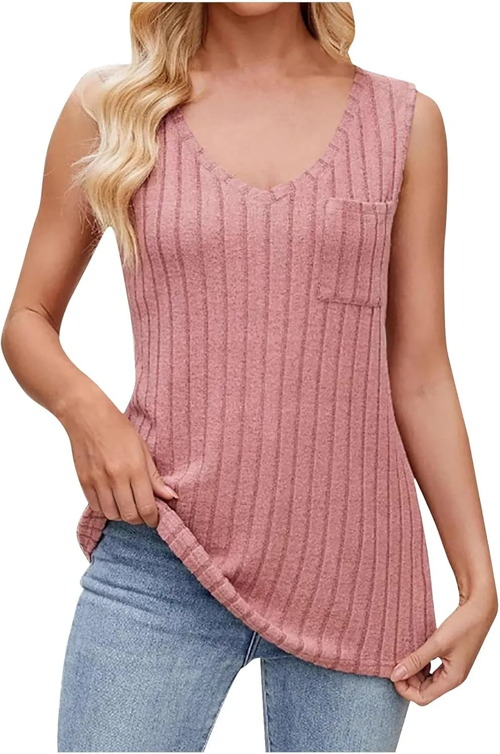Women's Long Tank Tops Knit Sleeveless Casual Cozy T-Shirt V Neck Splicing Blouses Fashion Cozy Tanks with Pocket
