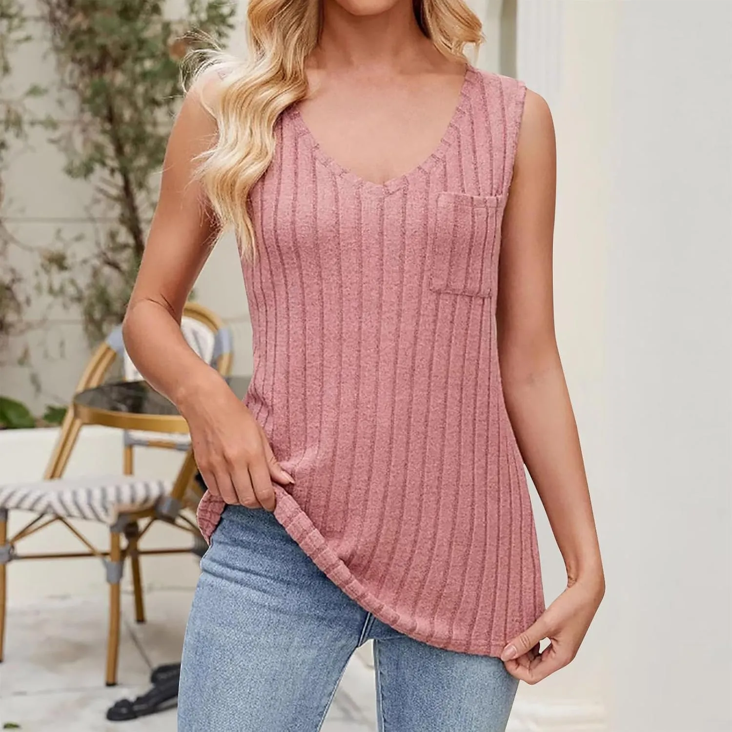 Women's Long Tank Tops Knit Sleeveless Casual Cozy T-Shirt V Neck Splicing Blouses Fashion Cozy Tanks with Pocket