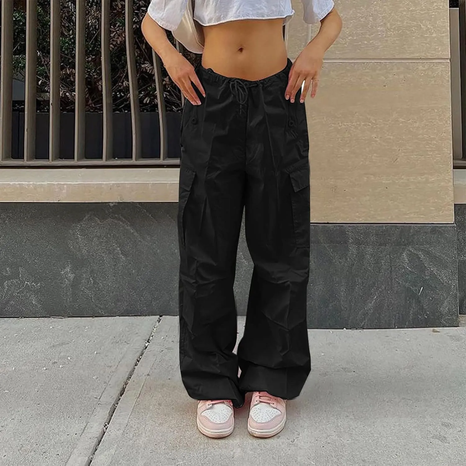 Women's Plus Size Tethered Straight Cargo Pants Straight Wide Leg Loose Casual Trousers