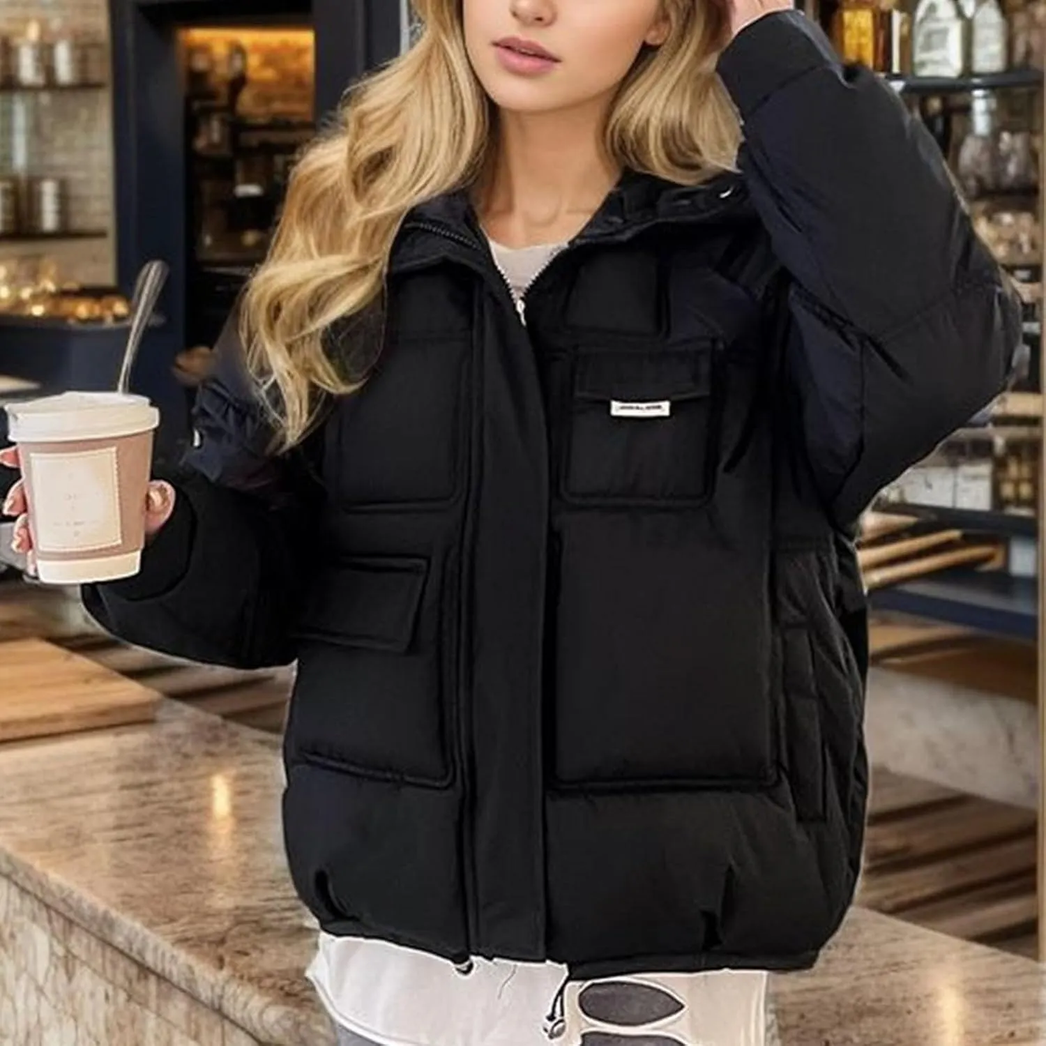 Women's Puffer Jacket Packable Quilted Light Down Jacket Oversized Short Bubble Coat Waterproof Jacket With Hood