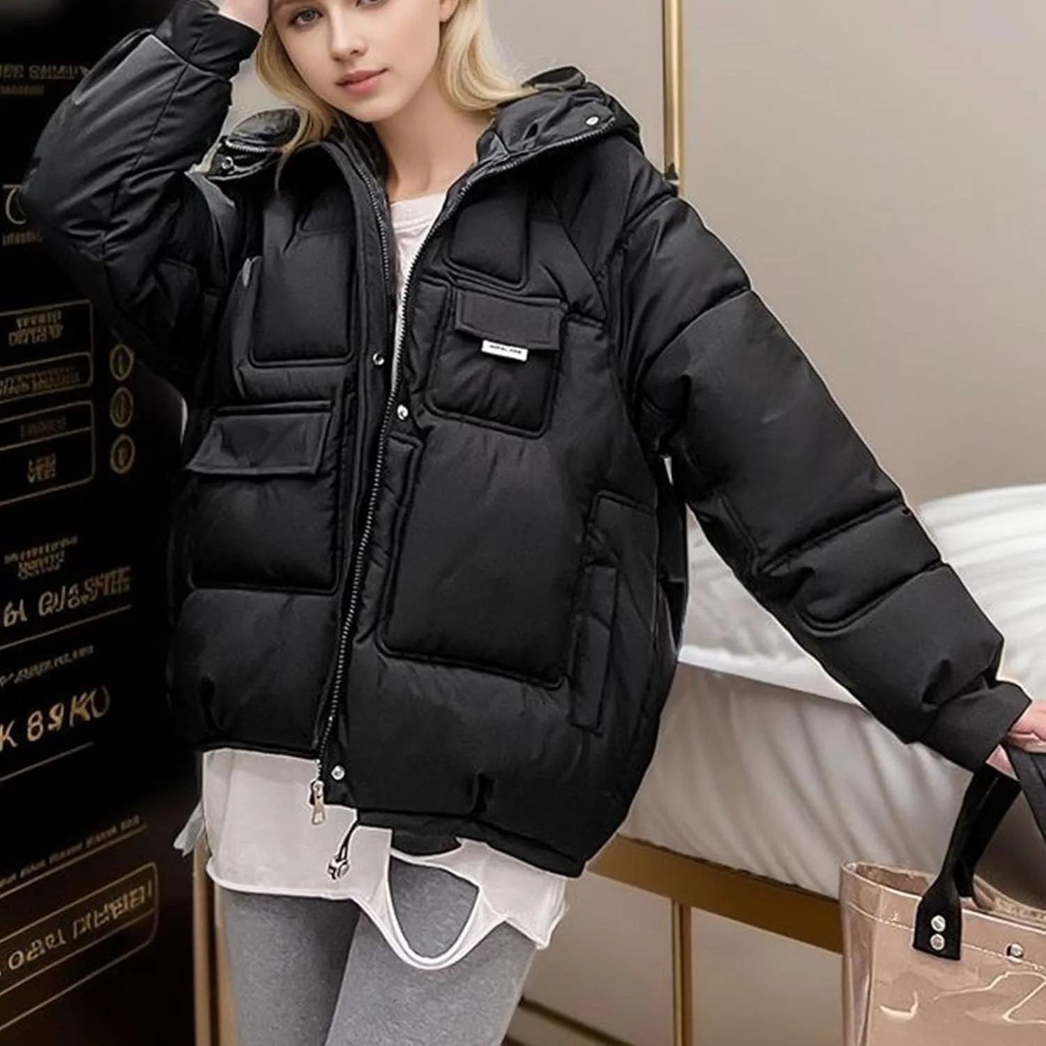 Women's Puffer Jacket Packable Quilted Light Down Jacket Oversized Short Bubble Coat Waterproof Jacket With Hood