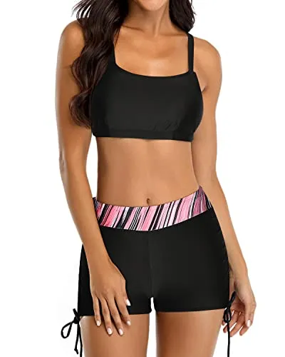 Women's Push Up Padded Tankini Top And D-Ring Strappy Swimsuit-Pink Stripe