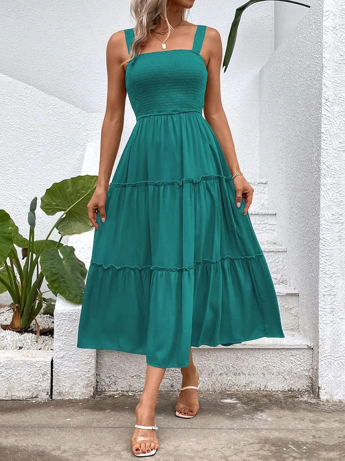 Womens Sleeveless Maxi Dress 2025 Summer Dresses Square Neck Smocked Ruffle Beach Sundress