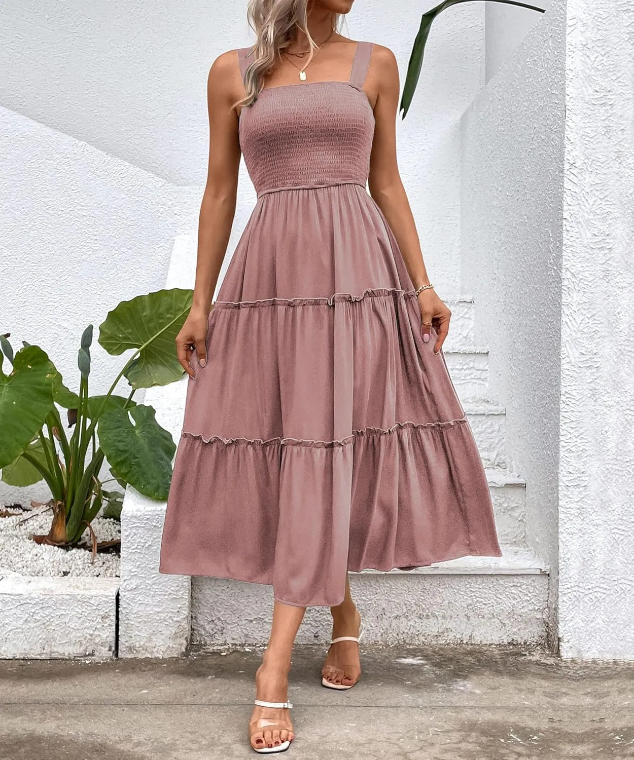 Womens Sleeveless Maxi Dress 2025 Summer Dresses Square Neck Smocked Ruffle Beach Sundress