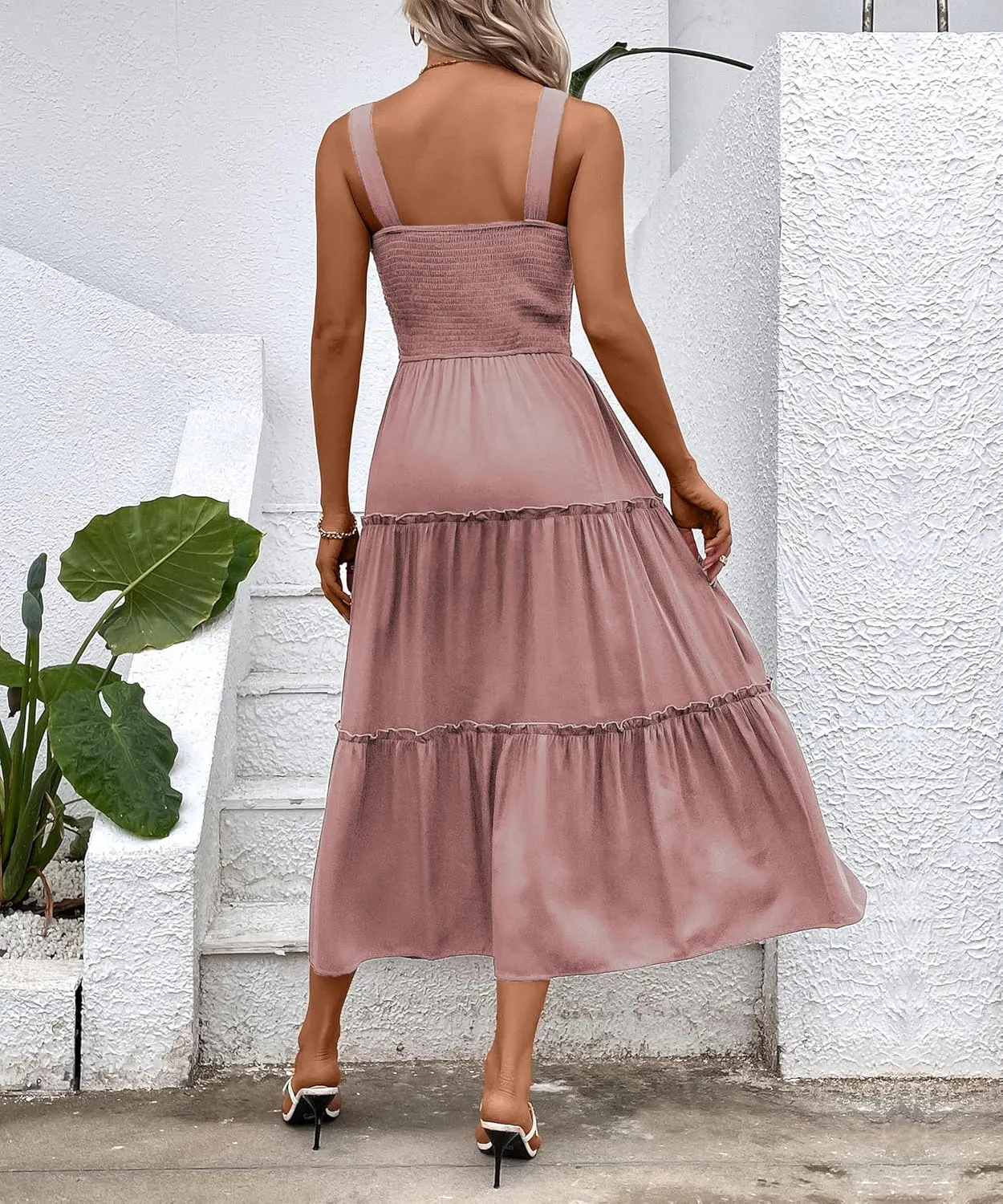Womens Sleeveless Maxi Dress 2025 Summer Dresses Square Neck Smocked Ruffle Beach Sundress