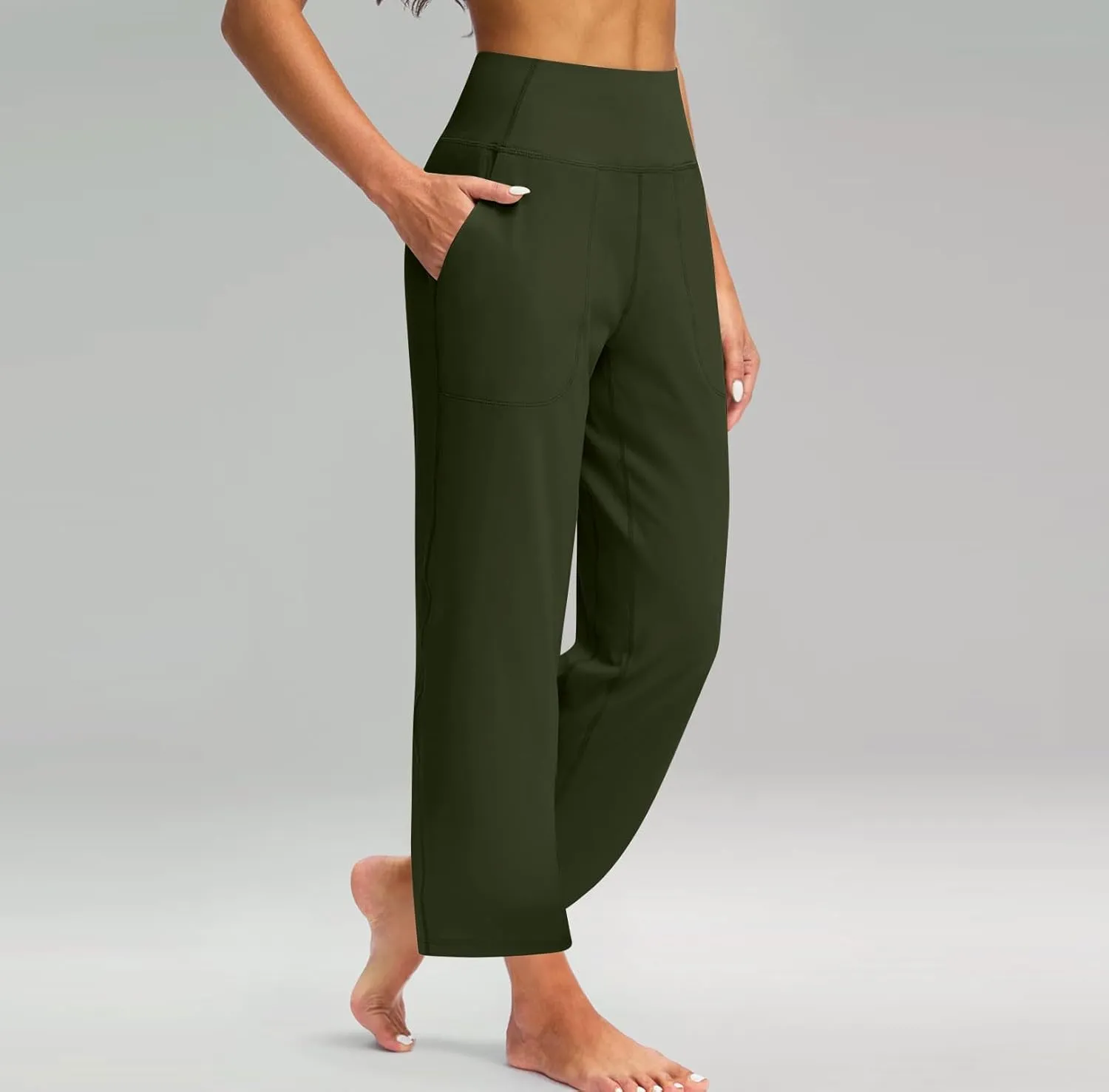 Womens Wide Leg Pants Tummy Control Athletic Workout Pants Comfy Solid Color High Waisted Casual Pants with Pockets