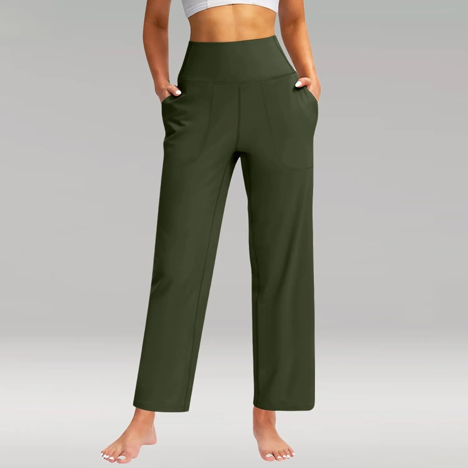 Womens Wide Leg Pants Tummy Control Athletic Workout Pants Comfy Solid Color High Waisted Casual Pants with Pockets
