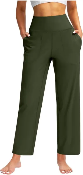 Womens Wide Leg Pants Tummy Control Athletic Workout Pants Comfy Solid Color High Waisted Casual Pants with Pockets